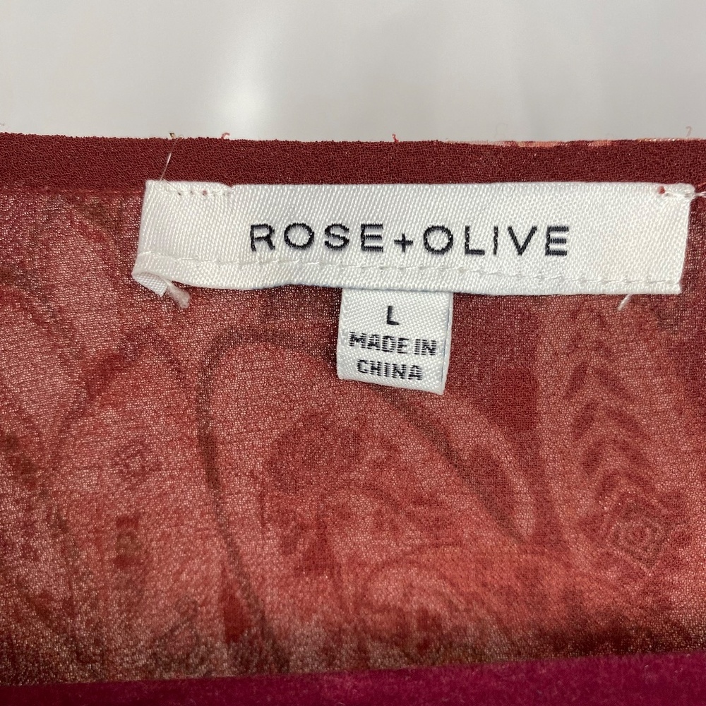 Rose & Olive Womenʻs Burgundy | Gold Paisley Print Long Sleeve V-Neck Blouse L - Picture 2 of 11